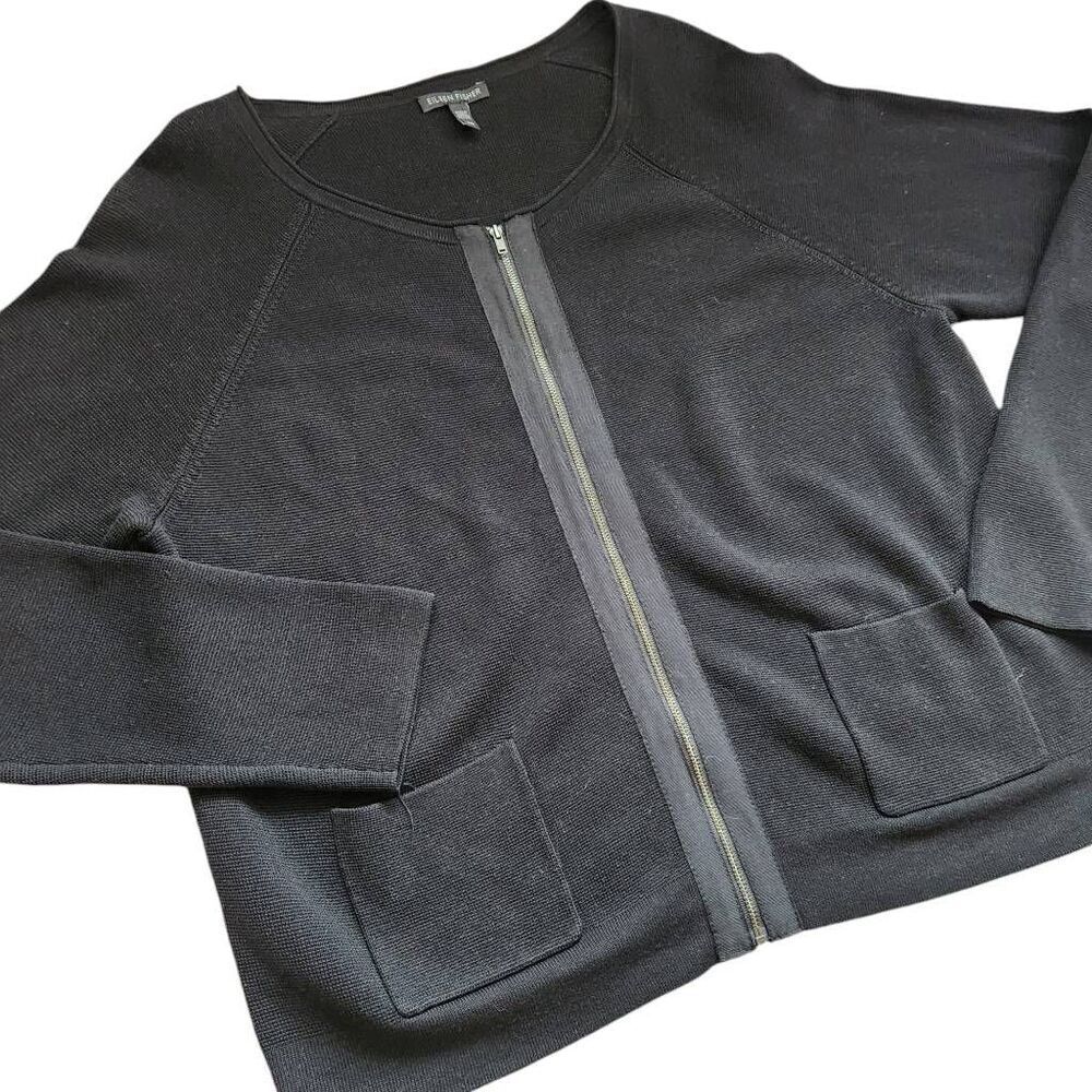 Eileen Fisher Jacket Sweater Cardigan Womens Large Silk Cotton Full Zip Black Ca